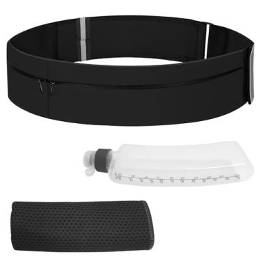 Imagem de Cinto de corrida para mulheres e homens - pochete impermeável com garrafa de água e toalhas refrescantes - Cinto refletivo ajustável com 3 bolsos para corrida, caminhada, academia e viagens, Preto