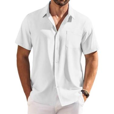 Imagem de Camisa COOFANDY de linho de manga curta com botões para homens branca