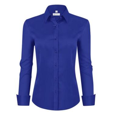 Imagem de Camisa social feminina siliteelon de manga comprida com botão azul roy
