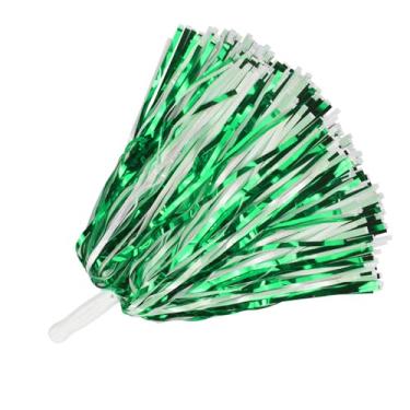 Imagem de Lovecheer 100 peças pompons de líder de torcida folha metálica verde e branco pompons de torcida a granel com alça de plástico fantasia de esquadrão de torcida esportiva para futebol basquete time