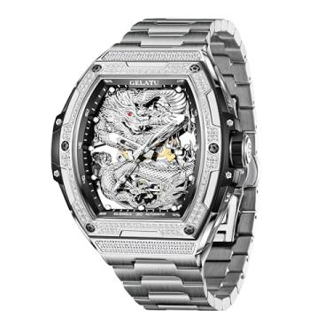 Imagem de OLEVS Relógios masculinos automáticos modernos com esqueleto de dragão de diamante mecânico com corda automática, aço inoxidável, à prova d'água, luminoso, relógios de pulso para homens, 6021