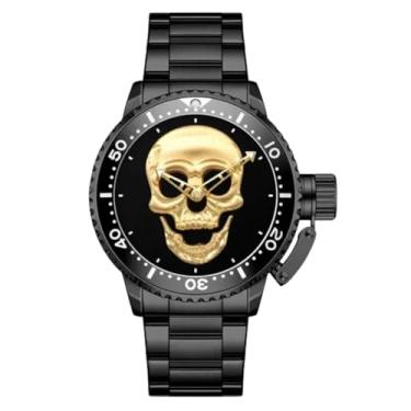Imagem de Relógio de Pulso Masculino com Design de Caveira Dourada, Pulseira em Aço Inoxidável Preto, Mostrador Analógico (Preto dourado)