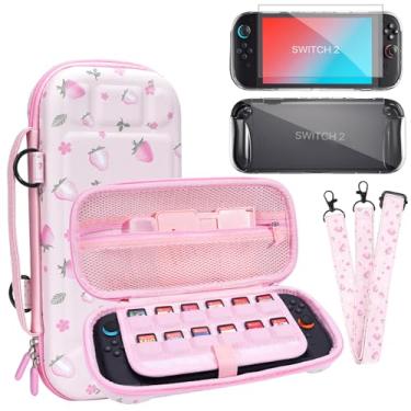 Imagem de Switch 2 Case Carrying Case- FIWWAT 4 in 1 for Nintendo Switch 2 Accessories Bundle with Switch 2 Clear Protective Cover, Screen Protector Cover, Detachable Shoulder Strap, for Girls, Strawberry Pink