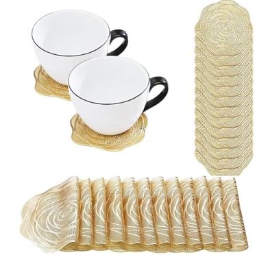Imagem de Conjunto de 12 peças de jogo americano ouro rosa – tapetes de mesa elegantes de PVC resistente ao calor, design rosa vazado, almofadas de mesa de jantar decorativas antiderrapantes para festas