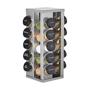 Imagem de Kamenstein Organizador giratório de 20 frascos Heritage para temperos com especiarias incluídas, refis de especiarias por 5 anos, aço inoxidável escovado com tampas pretas