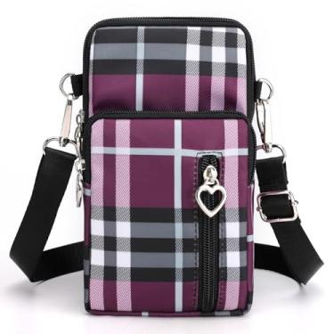 Imagem de JANKS Bolsa transversal pequena para mulheres, vários bolsos com zíper, carteira de nylon, porta-cartão de crédito com alça de mão removível, Grade roxa