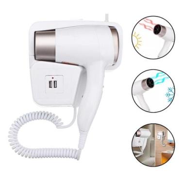 Imagem de Secador Cabelo Parede Banheiro Hotel Doméstico 110V C/Usb - Al, 110V