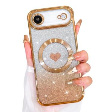 Imagem de Bonoma Glitter magnético para iPhone Air [compatível com MagSafe], capa luxuosa com estampa de coração de amor, proteção para câmera, capa traseira macia e brilhante para mulheres e meninas, dourada