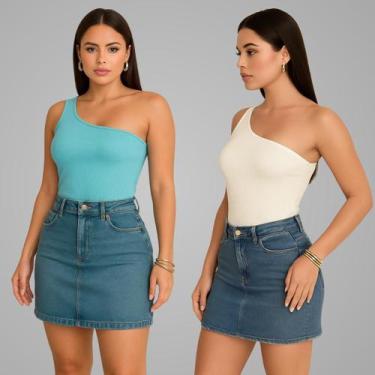 Imagem de Kit 2 Blusa Mula Manca Um Ombro So Basica Canelada Verão - Luau Brasil