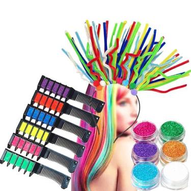 Imagem de Kit Cabelo Maluco: Tiara Molinha + Giz Tintura Temporária 6 Cores + 6 