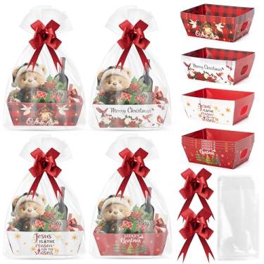 Imagem de OSNIE Cesta de Natal vazia com sacos de cesta de celofane e laços de fitas, 24 conjuntos de kits de cestas de papelão religiosas inspiradoras para encher para festivais de Natal, festas de aniversário