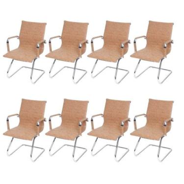 Imagem de Kit 8 Cadeiras para Escritório Interlocutor Base Fixa Esteirinha Sintético 3301 Caramelo/Retrô