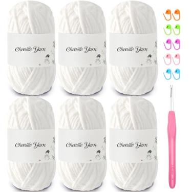 Imagem de SIMEIQI Pacote com 6 fios de chenille de 50 g para crochê, fio de veludo macio e fofo de 60 metros, crochê ideal para cobertores de bebê faça você mesmo, brinquedos, cachecóis, almofadas, chapéus