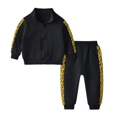 Imagem de WAIDFU Conjunto de agasalho infantil para meninos, 2 peças, jaqueta com zíper, costura colorida, moletom e calça jogger, Preto, amarelo, 5 Anos