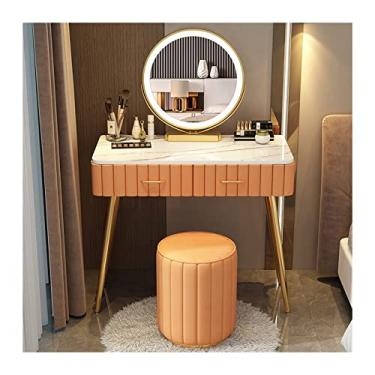 Imagem de Escrivaninha de penteadeira Moderno conjunto de mesa vaidade maquiagem quarto cômoda simples bancada mármore espelho fezes(Orange Round Stool,80cm)