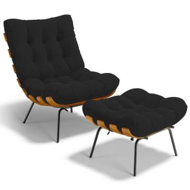 Imagem de Poltrona Costela L02 Com Puff Sala De Estar Suede Preto - Lyam Decor