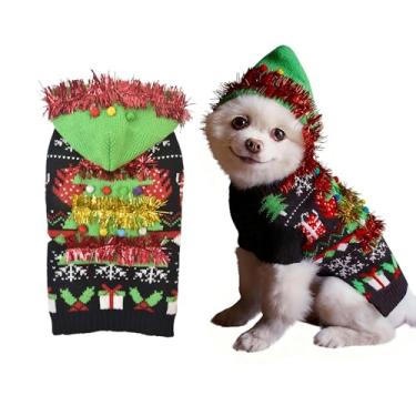 Imagem de gly Suéter de Natal para cães, fantasia de árvore de Natal, roupas de Natal para cães pequenos e grandes, suéter de gato, moletom com capuz para chihuahua buldogue labrador, P