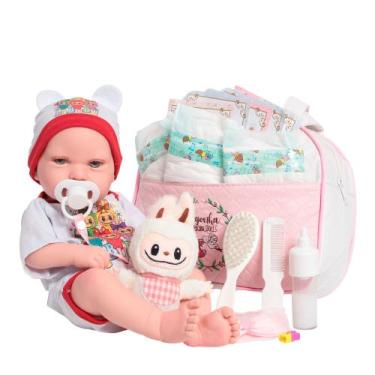 Imagem de Boneca Reborn Bebê Realista Olhos Azuis Com Bolsa Acessórios - Cegonha