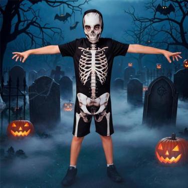 Imagem de Fantasia de Halloween Esqueleto Infantil Macacão Curto Caveira Estampa