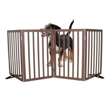 Imagem de SFJC Portão interno para cães, cerca independente para casa, portas, corredores ou escadas, portão para animais de estimação dobrável de madeira, expansível 81 cm de altura, 4 painéis, marrom