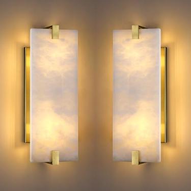 Imagem de Doraimy Lighting Pacote com 2 lâmpadas quadradas 37,3 cm alabastro mármore banheiro luminária de parede moderna estilo conciso, acabamento em bronze escovado para quarto, corredor, cabeceira
