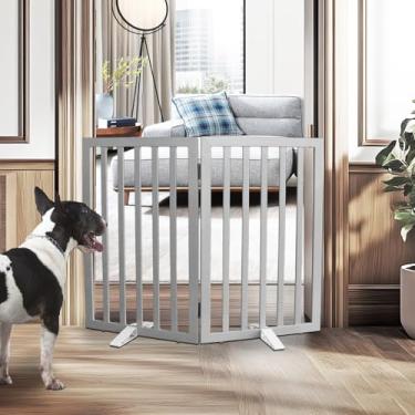 Imagem de SFJC Portão interno para cães, cerca independente para casa, portas, corredores ou escadas, portão para animais de estimação dobrável de madeira, expansível 81 cm de altura, 2 painéis, cinza