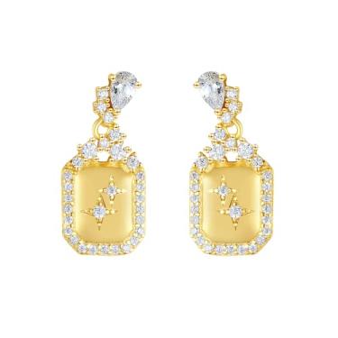Imagem de Efashion Brincos femininos banhados a prata esterlina 925 com design de nicho de ouro 14K com zircônia cúbica e padrão de estrela, Medium, Ouro amarelo, Zircônia cúbica
