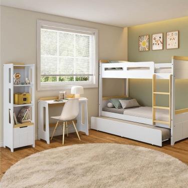 Imagem de Conjunto Quarto Completo Treliche com LED, Escrivaninha e Estante Petit Casatema MadeiraOriginals Branco/Mel