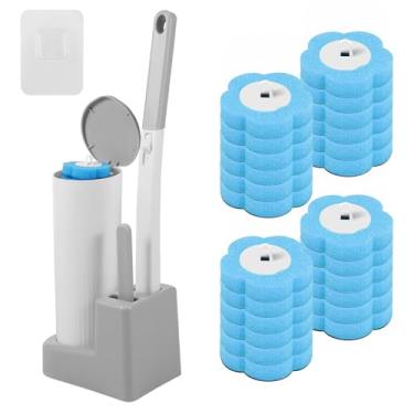 Imagem de Conjunto de escova de vaso sanitário descartável e suporte, cabo estendido com refis de limpador de varinha de 36 peças, kit de escova de vaso sanitário 2 em 1 montado na parede, sistema de limpeza de