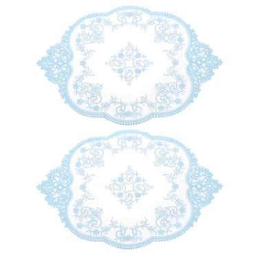 Imagem de 2 peças de jogo americano retrô de renda, doilies de crochê franceses, oval, bordado, copo vazado, tapete de mesa para mesa de jantar, cozinha, festa, 43 x 30 cm, azul