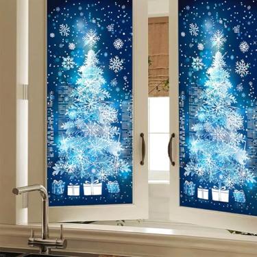 Imagem de HOMETITUTE Película de privacidade para janela de árvore de Natal com floco de neve azul para janela decorativa de férias adesivo de vidro aderente estático para casa, escritório, banheiro, quarto