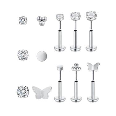 Imagem de Brinco de cartilagem de ouro prateado para mulheres, brincos sem fio, tragus, concha, 6 mm, hipoalergênico, pilhas, cartilagem, hélice, joias, 16 g, 20 g, 18 g, brincos de segundo furo plano para