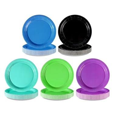 Imagem de Greencian 60 peças, pratos de festa de videogame, 23 cm, resistente, verde, roxo, azul-petróleo, preto, prato de papel descartável, utensílios de mesa para crianças, meninos, meninas, aniversário, chá
