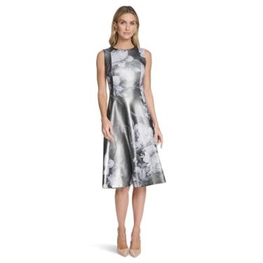 Imagem de Calvin Klein Vestido feminino sem mangas metálico Scuba evasê, Preto, prata, 40