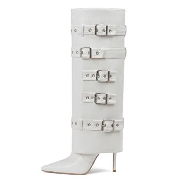 Imagem de Grakihily Bota feminina com fivela na altura do joelho, dobrável, couro de outono, bico fino, salto agulha longa com zíper, Branco, 39