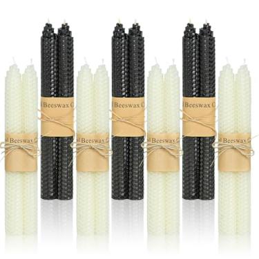 Imagem de Velas cônicas de cera de abelha pretas e brancas, pacote com 14, velas de cera de abelha feitas à mão para casa, sem cheiro e sem gotejamento, 23 cm de altura, tempo de queima de 4 horas por
