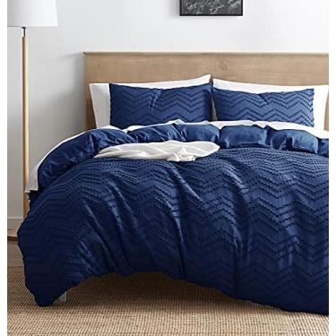 Imagem de Nestl Conjunto de capa de edredom Boho Bedding Twin Tufted com enchimento de edredom alternativo acolchoado – Chevron azul marinho – Conjunto de 3 peças texturizado inclui capa de edredom com