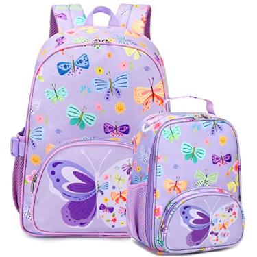 Imagem de Mochila para crianças, meninos, meninas, pré-escolar, jardim de infância, conjunto com lancheira, mochila escolar infantil, Borboleta roxa, Small, Bonito