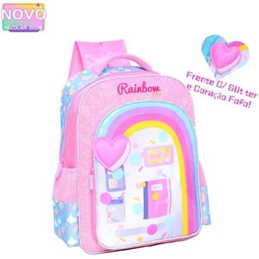 Imagem de Mochila De Costas Com Glitter e Coração Fofo Arco-íris Infantil Escola