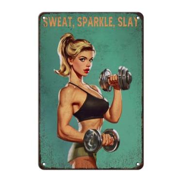 Imagem de Sweat Sparkle Slay Placa de metal rústica para casa academia decoração de parede estúdio de fitness motivacional mulher caverna arte vintage placa de lata para sala de ioga estúdio de treino 30 x 20