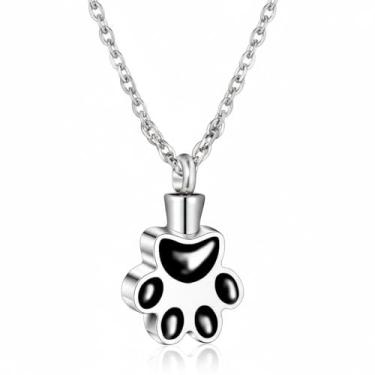 Imagem de Colar de urna de cremação com estampa de pata de animal de estimação, aço inoxidável, pingente de cinzas de glitter rosa com corrente, joia de lembrança de perda de animais de estimação (preto)