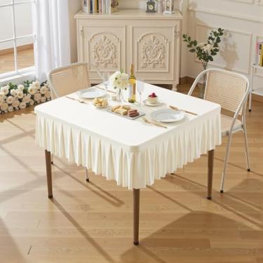 Imagem de Toalhas de mesa de elastano marfim para mesas quadradas de 86 x 86 cm, roupas de mesa elásticas com saia plissada com babados para mesa de 86 cm, sem rugas e elásticas, para festa, cozinha, casa
