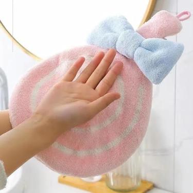 Imagem de Linda toalha de mão pendurada em forma de pirulito, cor rosa com padrão espiral branco e decoração de laço azul, toalha absorvente macia para decoração de cozinha e banheiro
