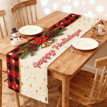 Imagem de Caminho de mesa de Natal 33 x 91 cm - Decoração de mesa de jantar de cozinha de inverno impressa Happy Holidays Flor de Natal, azevinho, sinos dourados no corredor xadrez para decoração de casa de