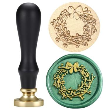 Imagem de Yoption Carimbo de lacre de cera de guirlanda de Natal, selo de cera vintage com alça de madeira preta para presente de convite de casamento, envelopes, cartão de Natal