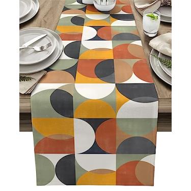 Imagem de Caminho de mesa geométrico azul laranja marrom bege de meados do século, corredores de mesa de linho de algodão 177 cm de comprimento, cachecol retrô abstrato para cozinha, café, jantar, sofá/mesas de