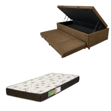 Imagem de Cama Box Baú Solteiro com Auxiliar (Bicama) + Colchão Solteiro Espuma D20 12cm | Kit Completo com Cabeceira Botonê Opcional | Diversas Cores (2, SUEDE MARROM, SEM CABECEIRA)