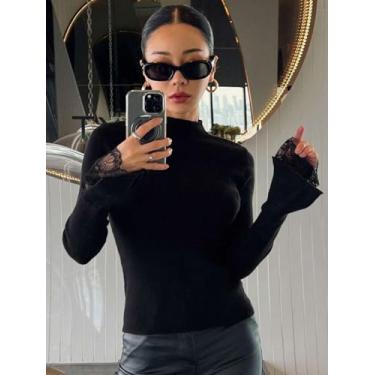 Imagem de Tops de manga comprida para mulheres 2025 na moda gola redonda cropped para sair camisetas sólidas roupas da moda outono, Preto, G