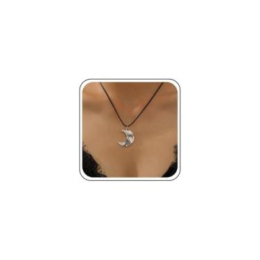 Imagem de Sttiafay Colar punk de couro com pingente de lua, colar gargantilha de corda de couro preto, colar de corrente crescente de ouro, colares de lua gótica, joias femininas, Zinco, Sem Pedra Preciosa