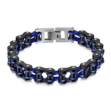 Imagem de Rockyu Pulseira masculina de corrente de motociclista de aço inoxidável com elos de motocicleta preta azul punk rock joia presente